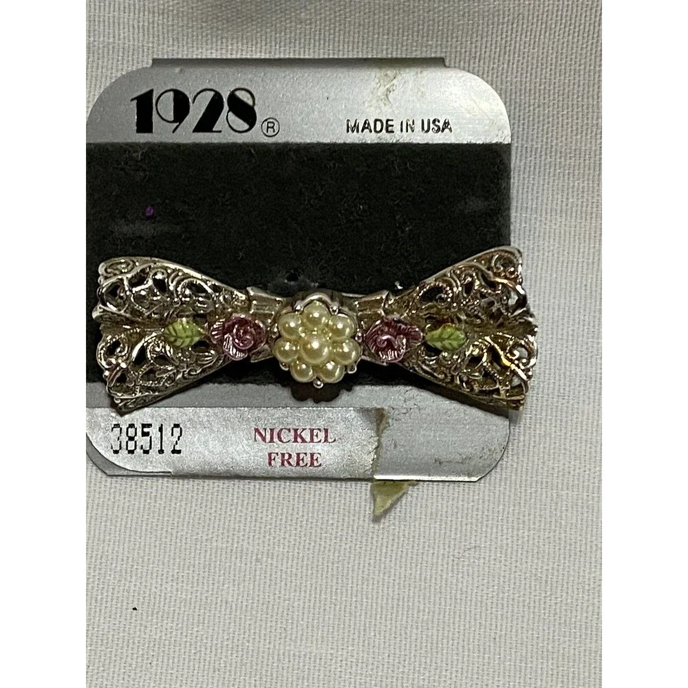 1928 Porcelain Rose Bow Gold Tone Filigree Brooch Pin Small  Vtg.